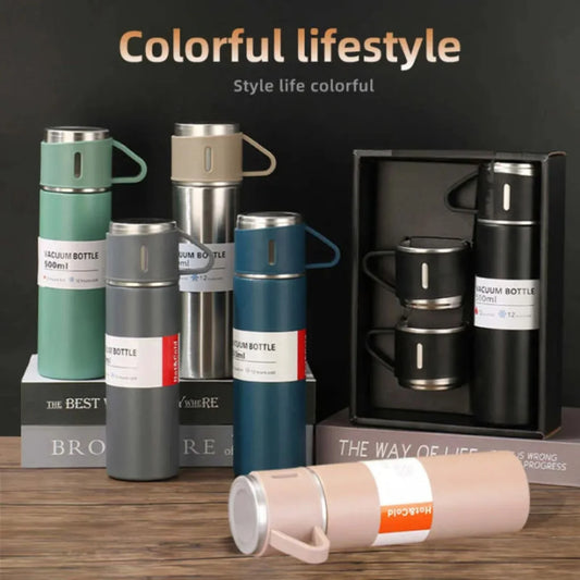 3-Cup 500ML Double-Layer Stainless Steel Vacuum Flask Set